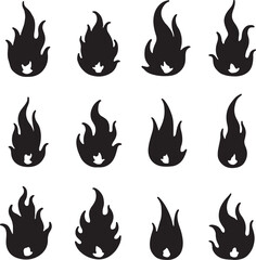 Create a fire icon set vector art silhouette with white background.