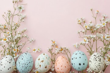 Fototapeta premium Delicate flowers and naturally dyed eggs stylishly arranged for Easter.