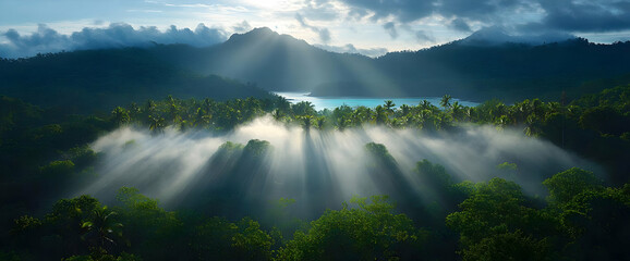 Misty Forest Sunlight Through Mountain Valley