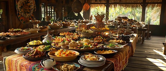 Extravagant buffet spread with diverse dishes in rustic setting ambiance