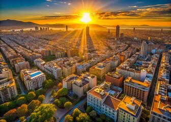 Naklejka premium Barcelona Sunrise Timelapse: Aerial View of Downtown, August 2017