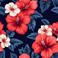 Obraz premium A vibrant pattern featuring red and white hibiscus flowers surrounded by dark green leaves on a deep navy background.