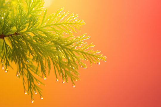 vibrant green pine branch with dewdrops against warm, colorful gradient background