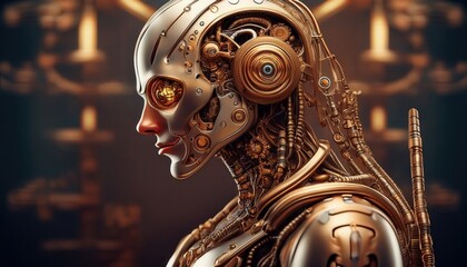 A retro-styled robot with visible gears and exposed wiring, designed in a steampunk aesthetic, featuring brass accents, intricate mechanical details, and a vintage industrial appearance.
