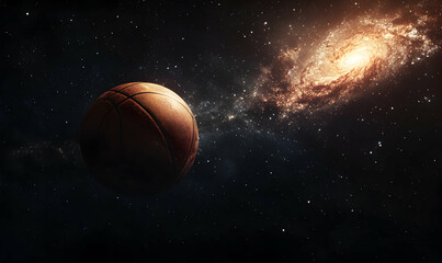 Cosmic basketball dreams, A dynamic basketball soars through the universe, set against the vibrant backdrop of a distant galaxy and a vast expanse of stars