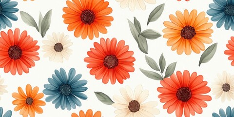 A vibrant floral pattern featuring orange, red, and blue flowers with green leaves against a light background.