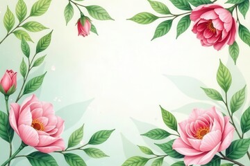 A Delicate Floral Frame Featuring Soft Pink Blossoms and Lush Green Foliage, Perfect for Elegant Invitations or Decorative Purposes