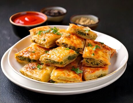 A delicious and crispy stuffed pancake filled with minced meat and vegetables, a famous street food in Saudi Arabia