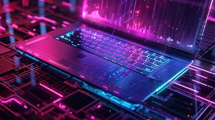 Neon-Lit Futuristic Room with Coding Laptop