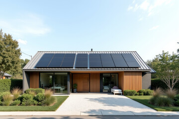 A Modern Sustainable house with sleek solar panels integrated into a flat roof, framed by minimalist landscaping.