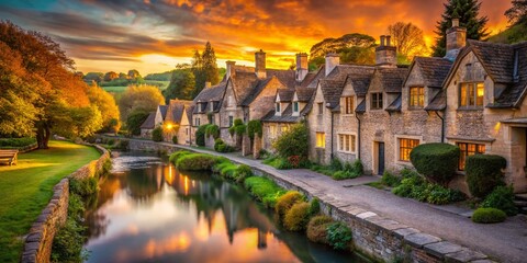 Bibury, Arlington Row Cottages: Idyllic English Village Scene at Golden Hour