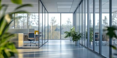 Blurred office space with large windows and modern interior design, featuring glass walls and minimalist decor