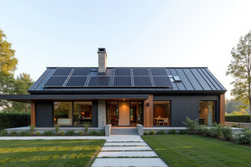 Fototapeta premium A Modern Sustainable house with sleek solar panels integrated into a flat roof, framed by minimalist landscaping.