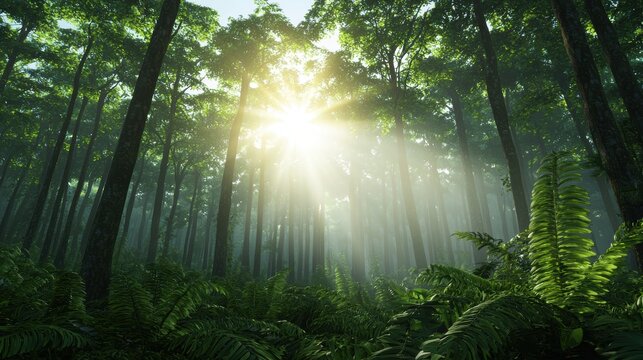 Sunlight streaming through a lush green forest. Ferns cover the forest floor. Tall trees reach for the sky.