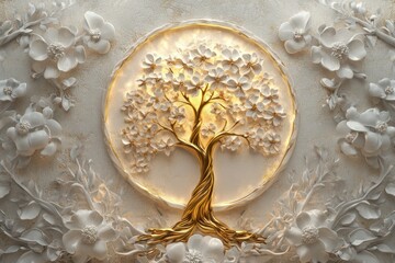 Ornamental 3D mural with a glowing golden tree of life surrounded by realistic white floral accents and rich textures.