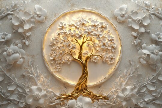 Ornamental 3D mural with a glowing golden tree of life surrounded by realistic white floral accents and rich textures.