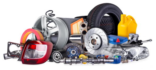 huge stack pile of  car parts including wheels, tires, filters, and engine components isolated  white background. automotive vehicle repair and service industry concept.