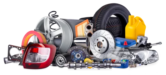 huge stack pile of  car parts including wheels, tires, filters, and engine components isolated  white background. automotive vehicle repair and service industry concept.