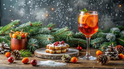 Festive holiday table set with a refreshing Aperol Spritz cocktail and a warm winter dessert, surrounded by snowflakes and evergreen branches , snowflakes, holiday decor