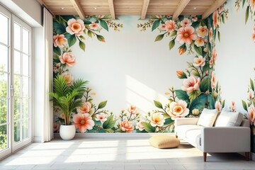 Serene Living Room Decor Featuring a Peach Blossom Mural and Comfortable Sofa
