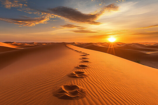 Breathtaking desert landscape with golden dunes illuminated by the early morning sun, creating a dramatic natural scene
