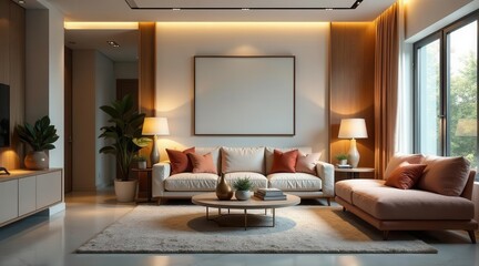 Fototapeta premium Warm Evening Glow in a Modern Living Room with Elegant Furniture and Decor