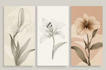 Set of three vertical posters highlighting elegant floral designs with smoky line art; flowers include a lily, orchid, and peony on muted pastel backgrounds.