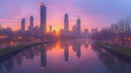 Fototapeta premium City skyline sunrise reflection in calm water.