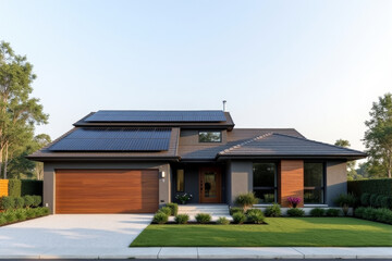 A Modern Sustainable house with sleek solar panels integrated into a flat roof, framed by minimalist landscaping.