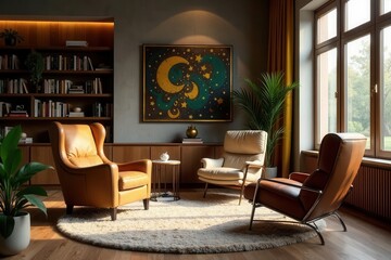 Serene Living Room with Leather Armchairs and Abstract Artwork on a Neutral Rug