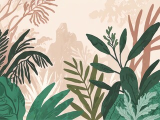 Serene Botanical Illustration: A Peachy Paradise of Lush Greenery