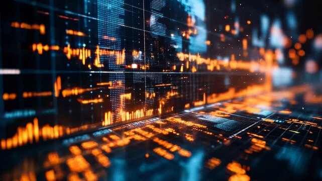 Financial and business candle stock graph chart, Bull vs bear concept, a panoramic shot of a large, curved monitor wrapped around a trading station, displaying extensive candlestick charts - Powered by Adobe
