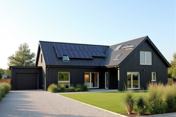 Fototapeta premium A Modern Sustainable house with sleek solar panels integrated into a flat roof, framed by minimalist landscaping.