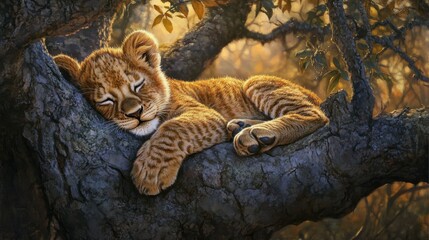 Adorable Lion Cub Napping Comfortably on a Tree Branch in Nature