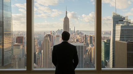 man in suit gazes out at New York City skyline, featuring Empire State Building. scene captures moment of reflection and ambition against backdrop of urban architecture