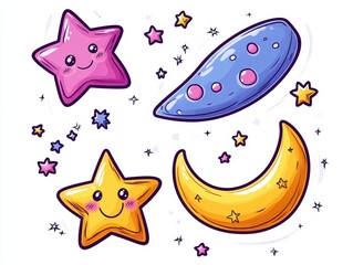 Colorful cartoon stars and moon with smiling faces, whimsical design for children's decor