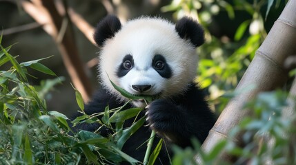 Obraz premium Adorable Baby Panda munching on bamboo surrounded by greenery