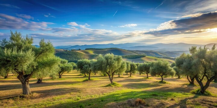 Serene Mediterranean landscape with olive trees standing tall in a vast open space surrounded by rolling hills and a clear blue sky with a few wispy clouds , olive trees, hills