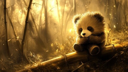 Adorable Panda Sitting on Bamboo in Lush Green Forest Setting