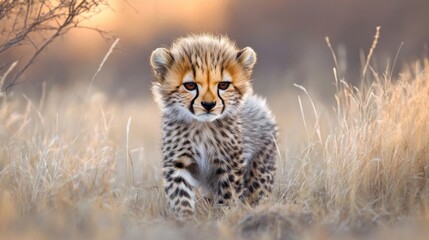 Obraz premium Adorable Cheetah Cub Exploring Natural Habitat in Soft Light