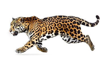 Obraz premium A Leaping Jaguar with Powerful Physique Seen from the Side Against a Clean White Background with