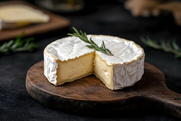 Elegant Camembert Cheese with Rosemary, A Close-Up Shot Showcasing Creamy Texture and Culinary Artistry for Gourmet Food Photography