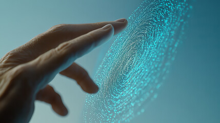 hand interacting with digital fingerprint interface, showcasing technology and innovation. glowing pattern represents security and identity verification