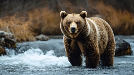 Fototapeta premium 3D striking visual of a bear standing near a rushing river, surrounded by wilderness