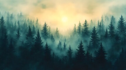 Fototapeta premium Watercolor misty rendering of a dense pine forest with light filtering through the trees