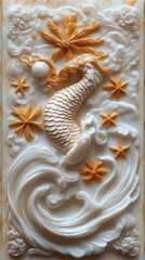 Embossed dragon swims amongst stars on marble slab