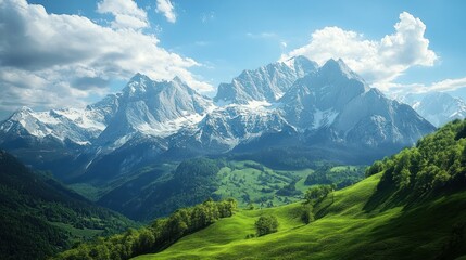 Obraz premium Majestic Snow-Capped Mountain Range Over Rolling Green Hills