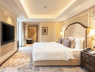 Beautiful luxury bedroom suite in hotel with tv