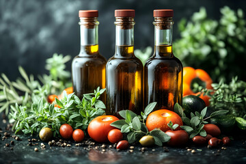 Three Olive Oil Bottles Surrounded By Fresh Herbs And Vegetables