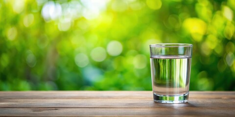 A water glass placed on a wooden table with a blurred background , clipping path, simple design